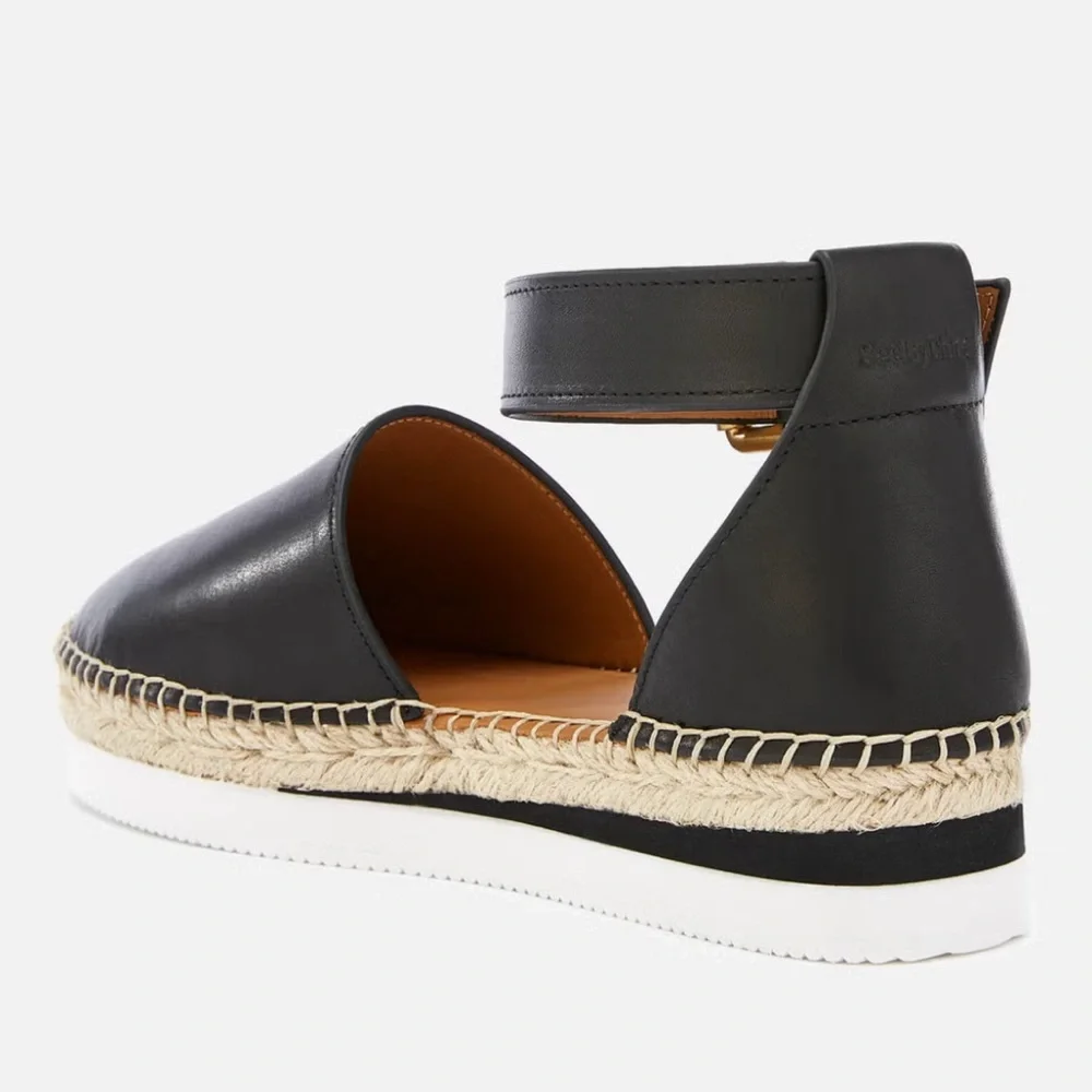 See by Chloe -women’s Glyn Espadrille black leather ankle strap platform shoes 8